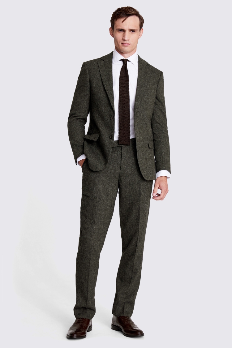 Tailored Fit Olive Herringbone Suit