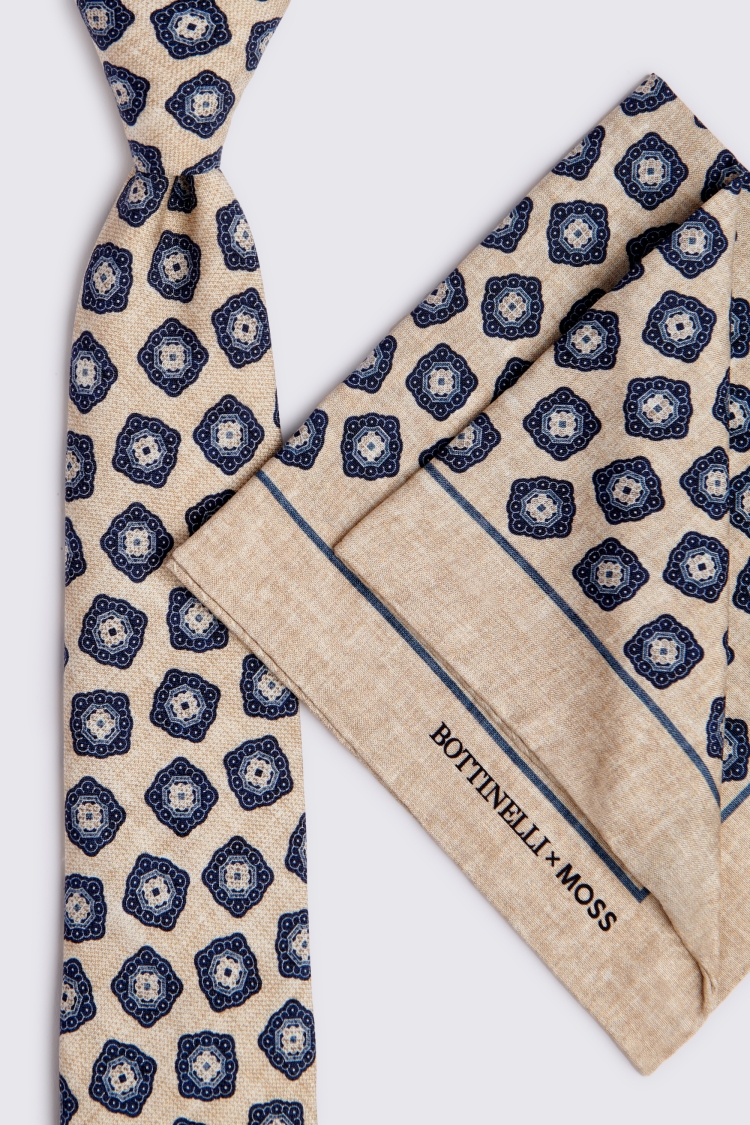 Neutral & Navy Medallion Print Moss x Bottinelli Silk Tie