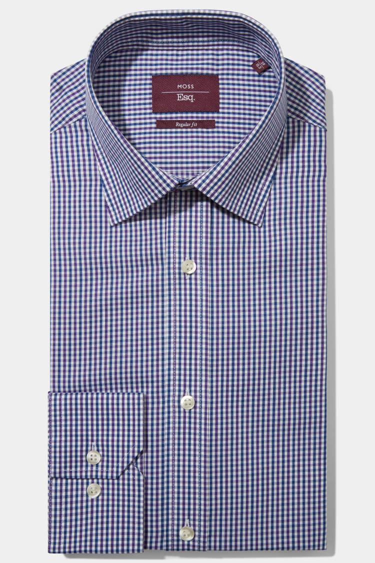 Moss Esq. Regular Fit Purple & Blue Single Cuff Check Non Iron Shirt