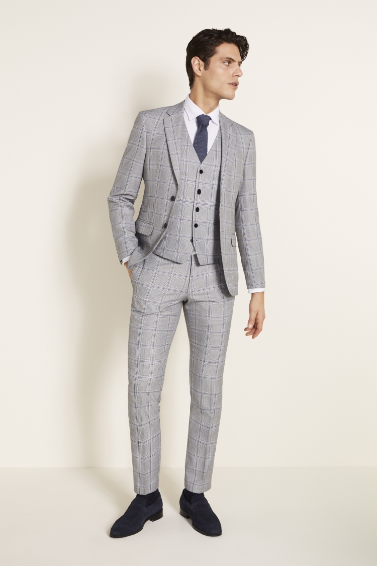 Slim Fit Grey & Sky Check Suit