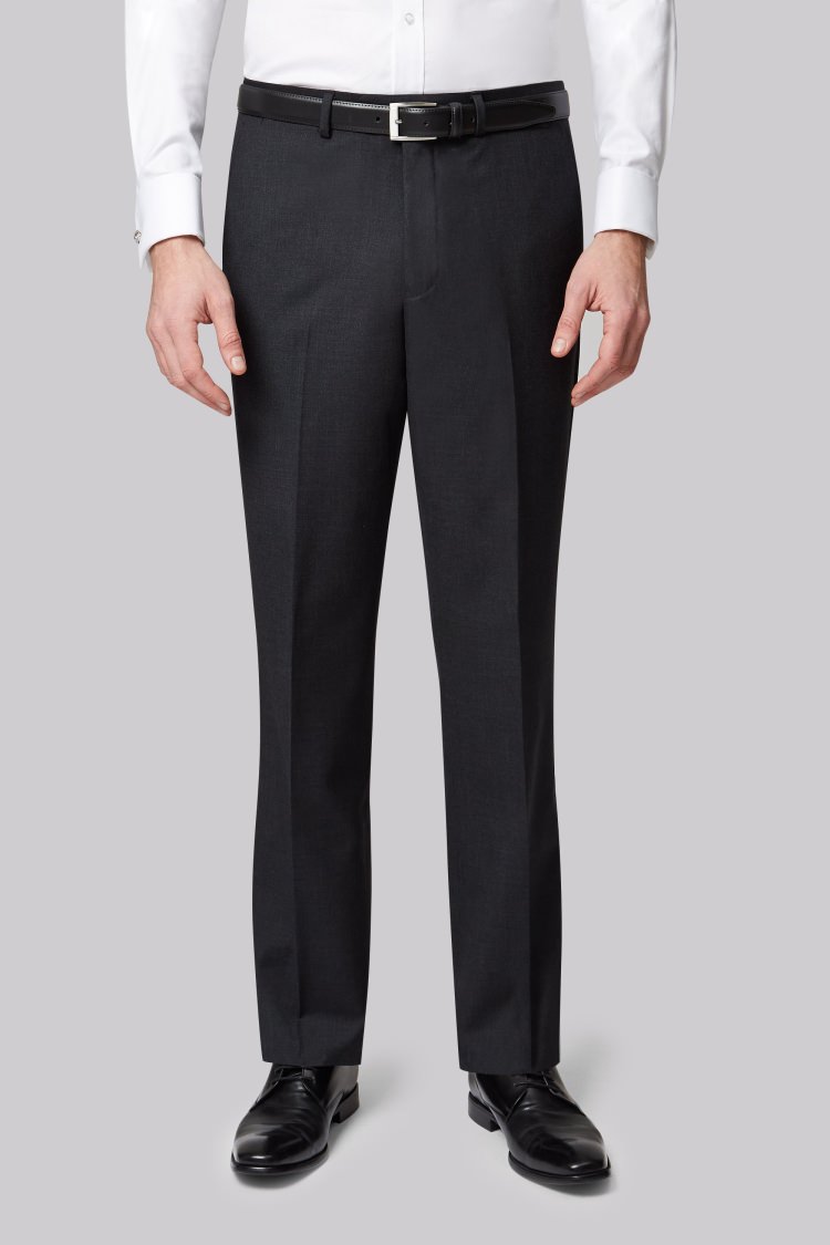 Moss Bros Regular Fit Charcoal Plain Pleated Trousers