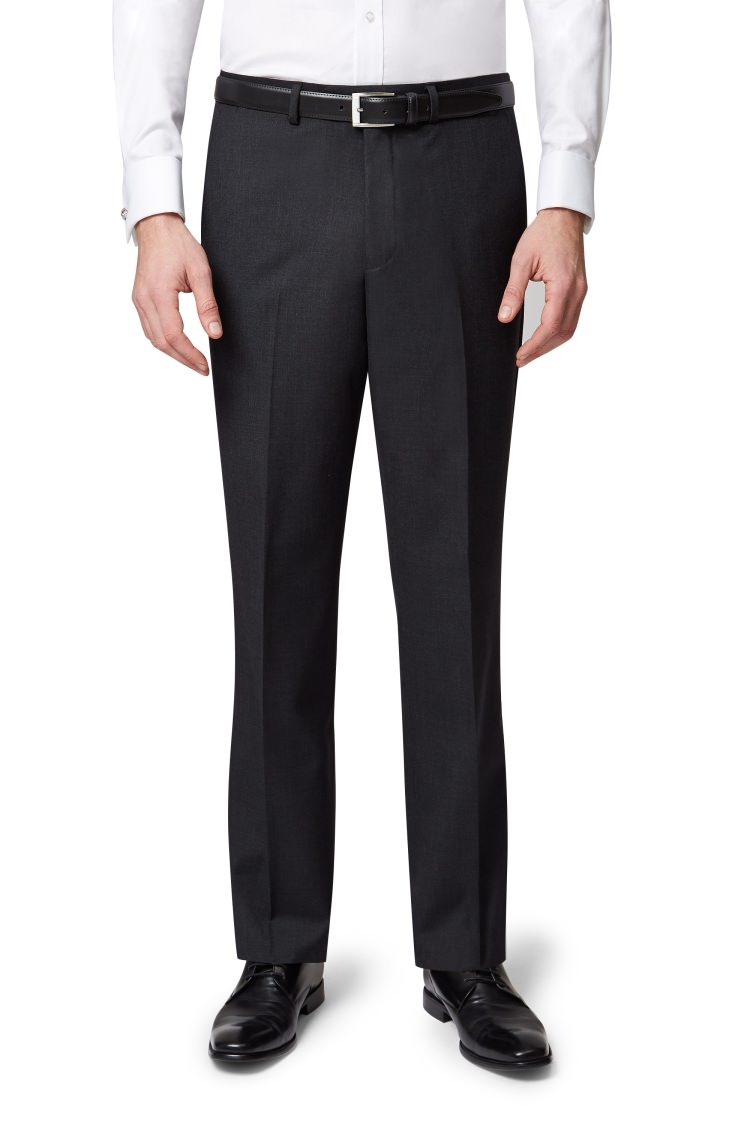 Moss Bros Regular Fit Charcoal Plain Pleated Trousers