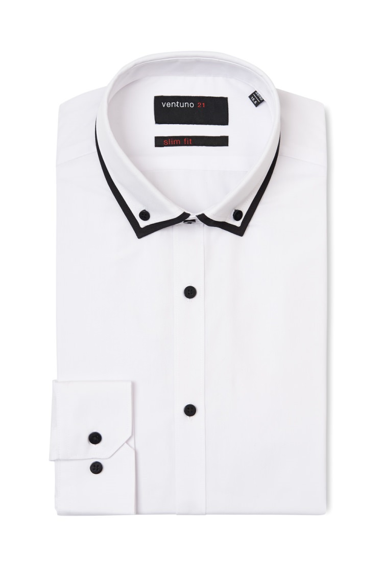 Ventuno 21 Slim Fit White Single Cuff Double Collar Button Down Shirt