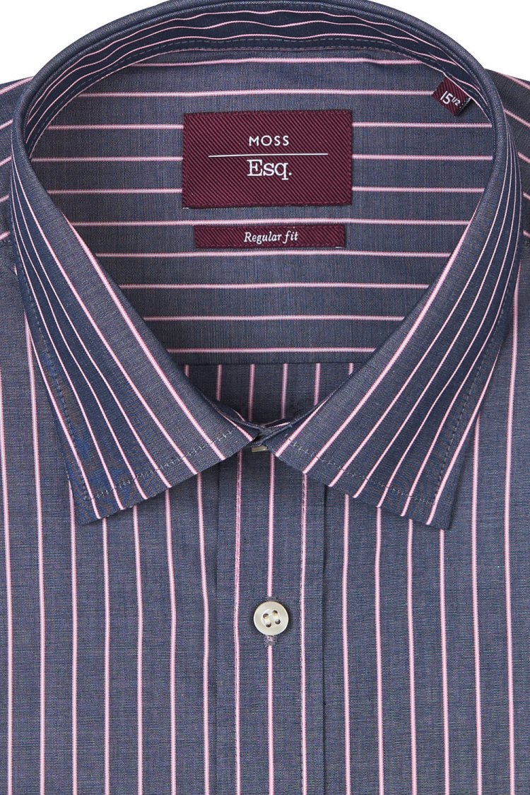 Moss Esq. Regular Fit Pink Single Cuff Chambray Stripe Shirt