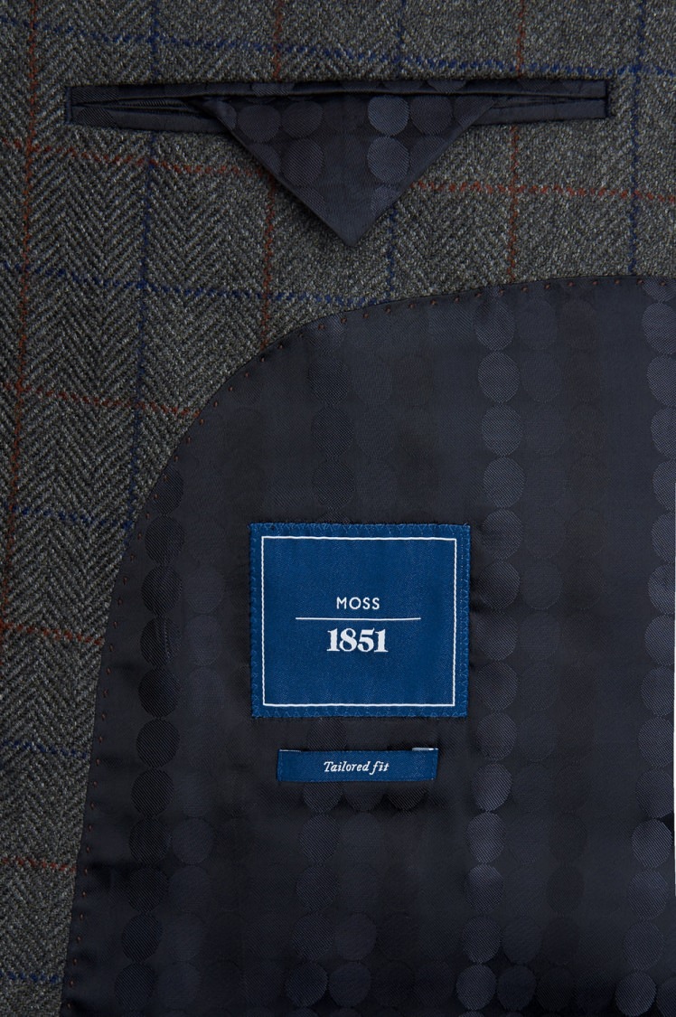 Moss 1851 Tailored Fit Grey Herringbone Check Jacket 