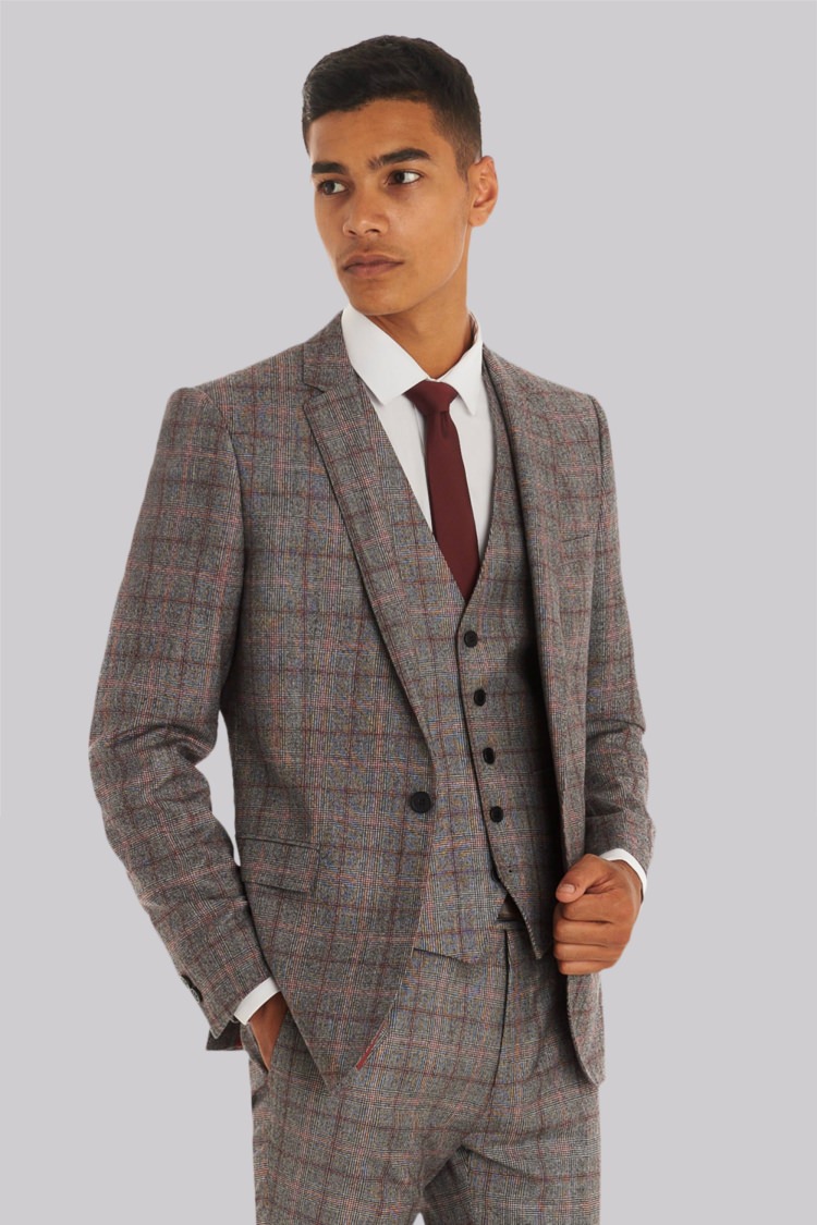 Moss London Slim Fit  Itailan Cloth Black & White With Red Check 3 Piece Suit