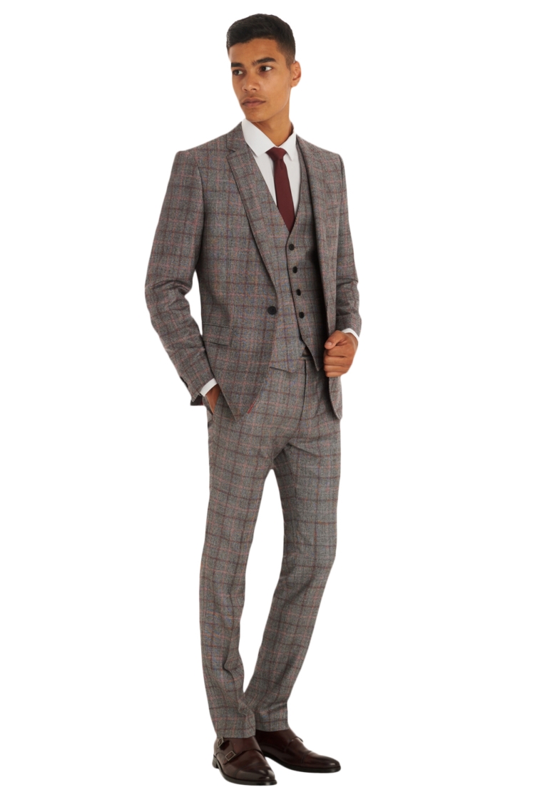 Moss London Slim Fit  Itailan Cloth Black & White With Red Check 3 Piece Suit