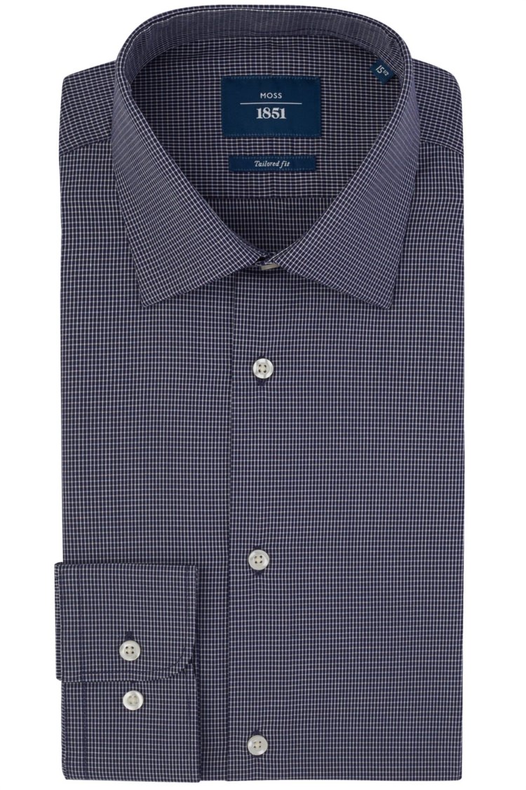 Moss 1851 Navy Single Cuff Grid Check Shirt 