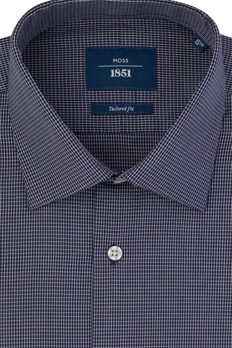 Moss 1851 Navy Single Cuff Grid Check Shirt 