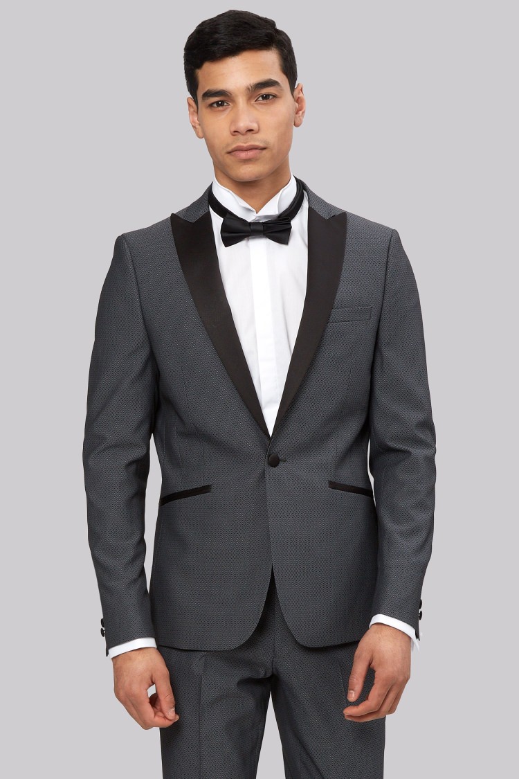 Moss London Skinny Fit Diamond Gunmetal Jacquard Tuxedo