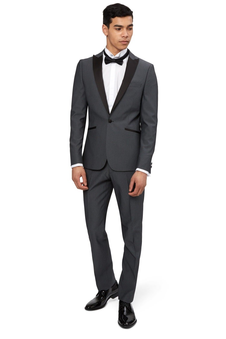 Moss London Skinny Fit Diamond Gunmetal Jacquard Tuxedo