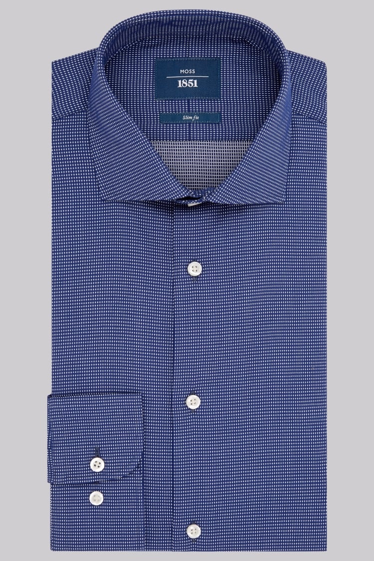 Moss 1851 Slim Fit Navy Single Cuff Textured Shirt 