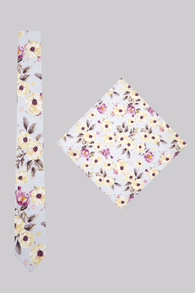 Moss London Sky Botanical Skinny Tie & Pocket Square Set