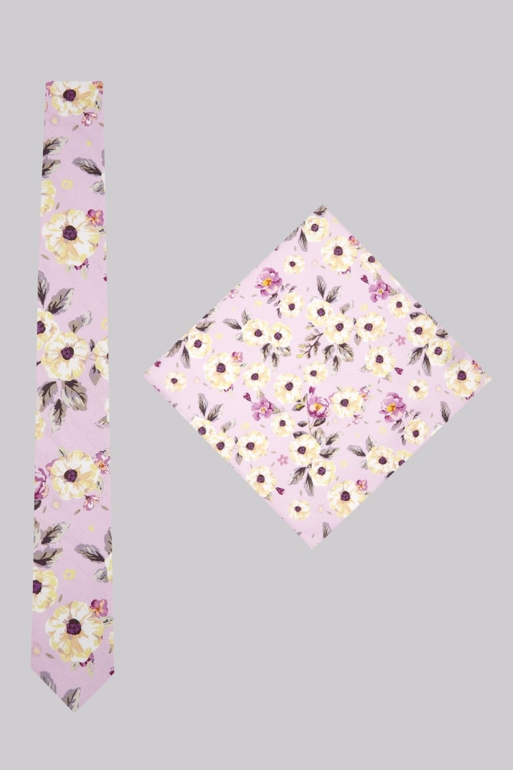 Moss London Pink Botanical Skinny Tie & Pocket Square Set
