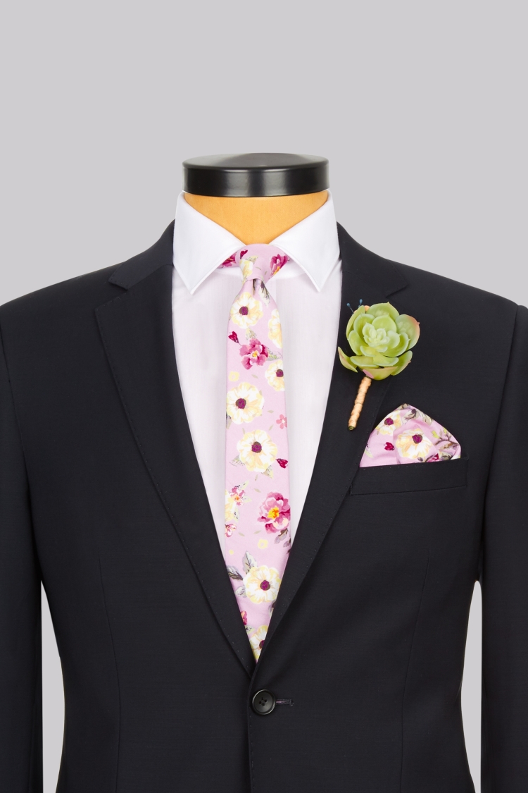 Moss London Pink Botanical Skinny Tie & Pocket Square Set