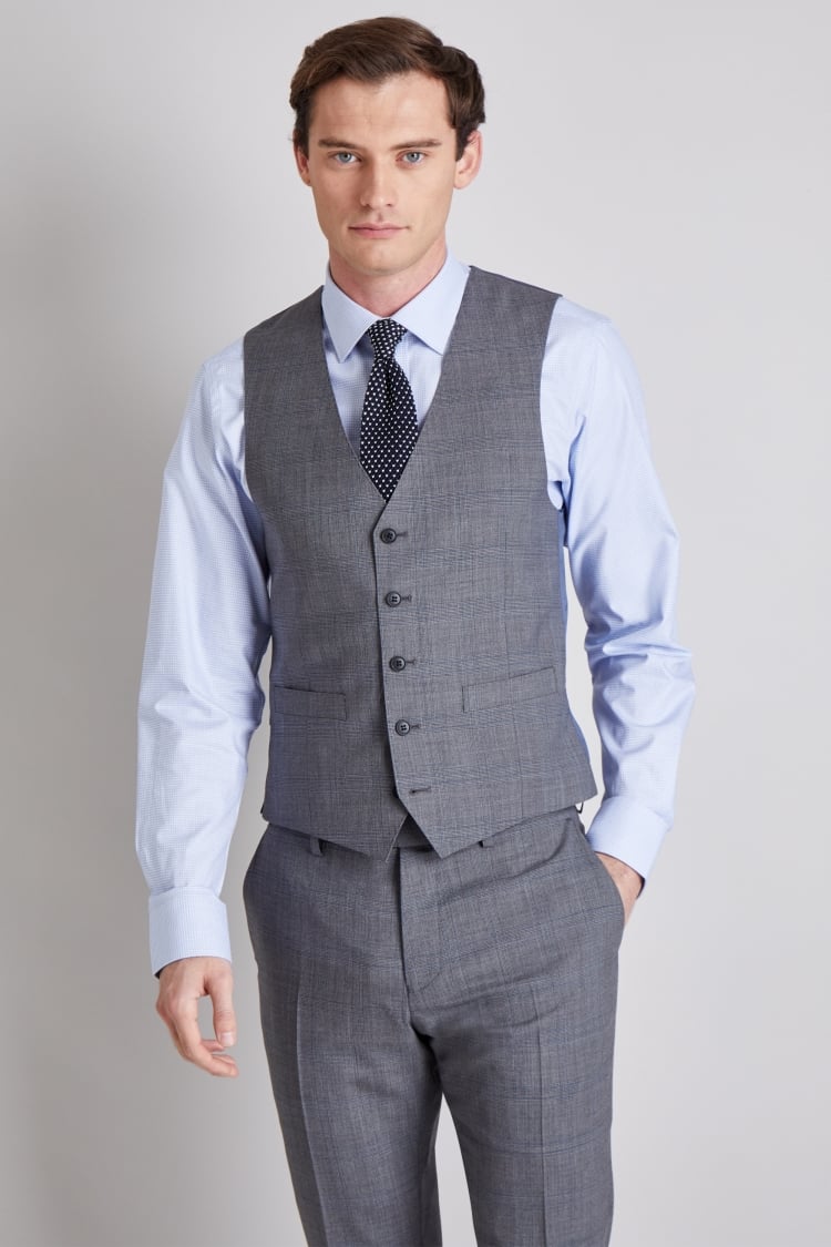 Moss 1851 Tailored fit Grey with Blue Check Waistcoat