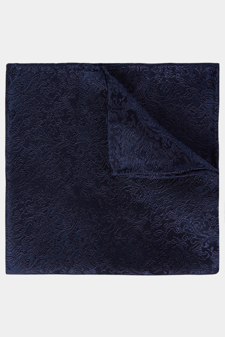 Navy Floral Swirl Silk Pocket Square 