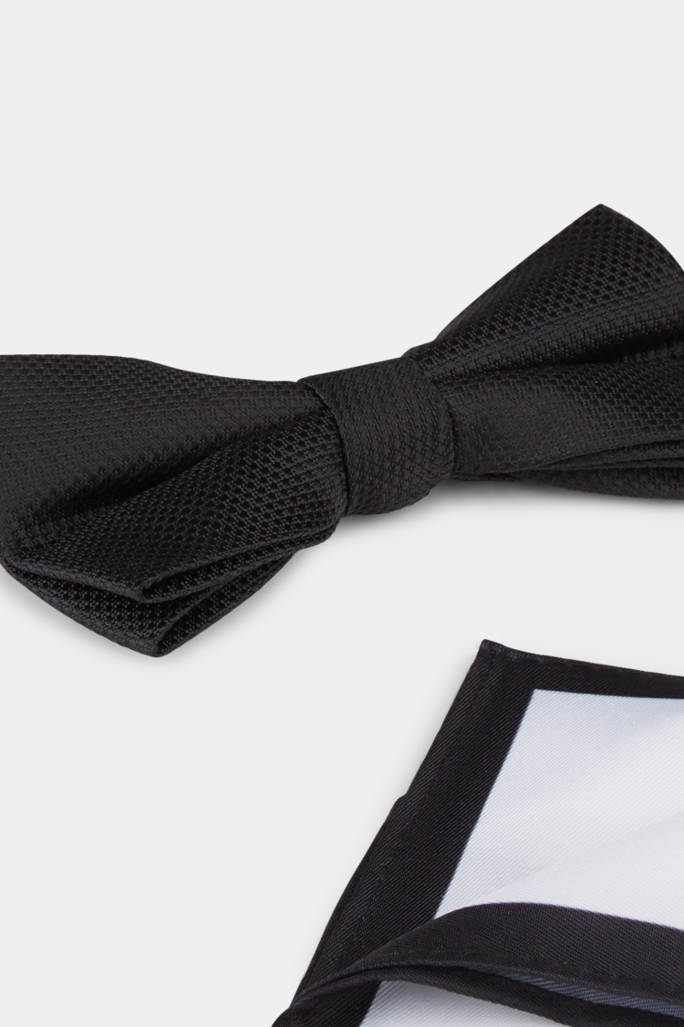 Black Textured Bow Tie & Hank Set