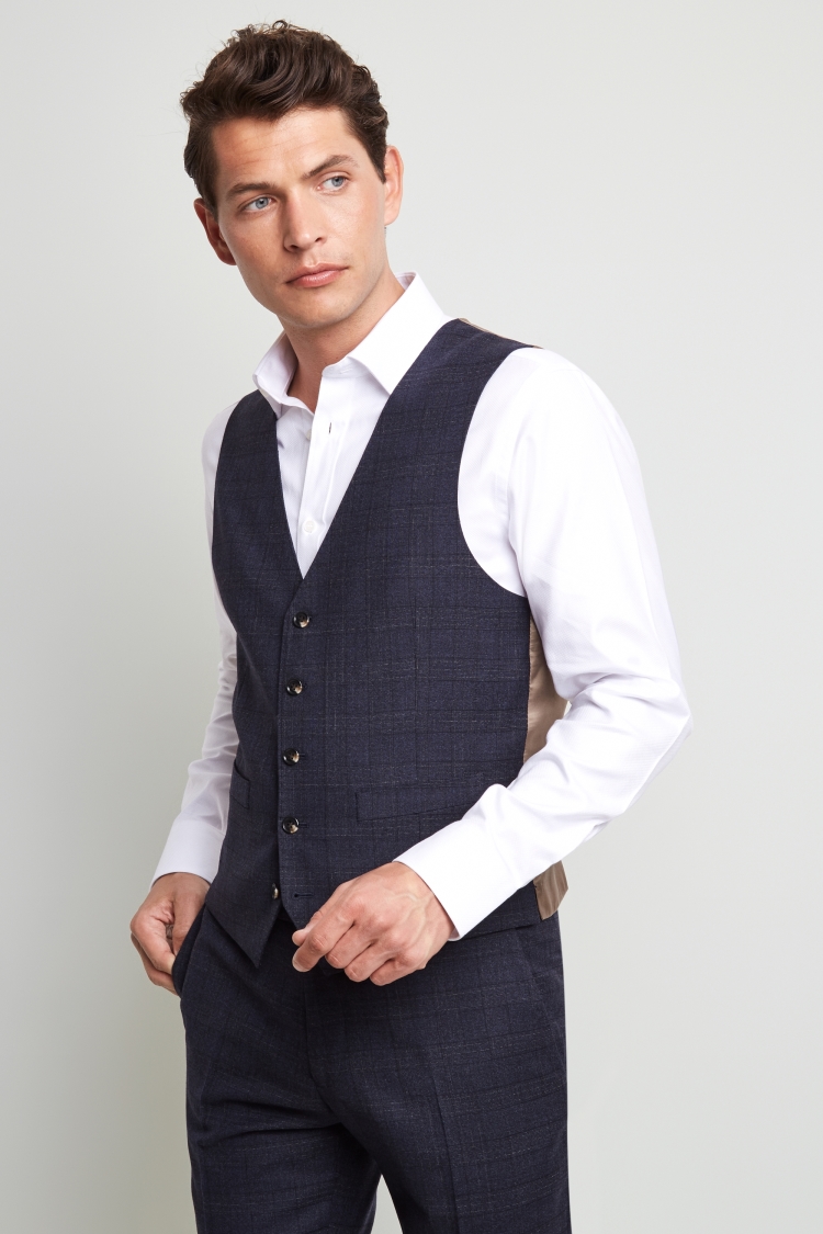 Moss 1851 Tailored Fit Blue & Gold Check Waistcoat