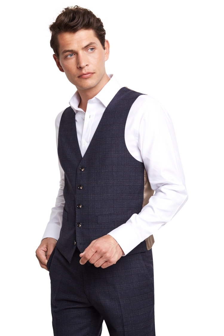 Moss 1851 Tailored Fit Blue & Gold Check Waistcoat