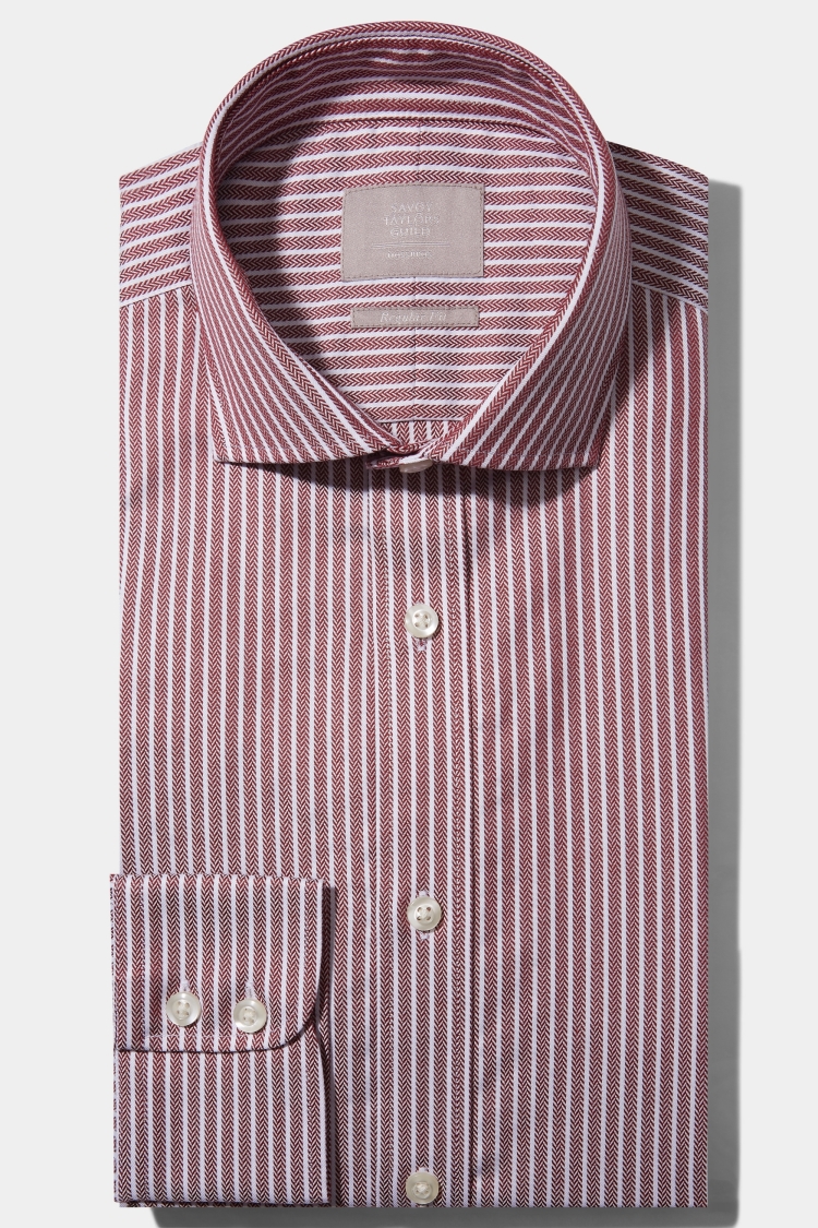 Savoy Taylors Guild Regular Fit Wine Single Cuff Herringbone Stripe Shirt 
