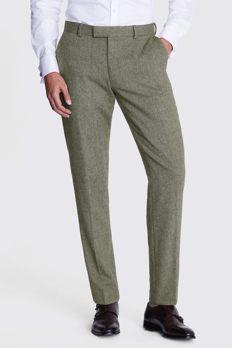 Men Herringbone Tweed Trousers Casual Wool Blend Retro Green Fit Suit Pants  Slim