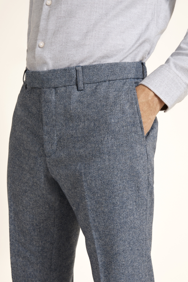 Slim Fit Blue Herringbone Tweed Trousers