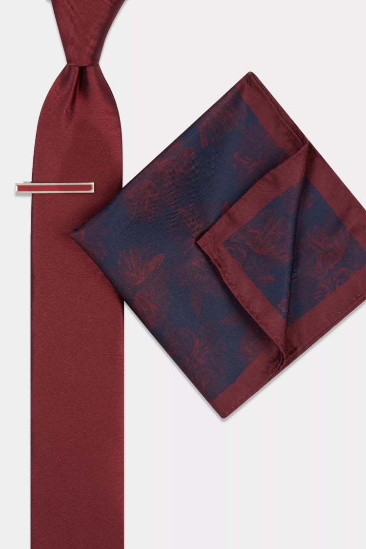 Wine Floral Tie, Hank & Tie Bar Set