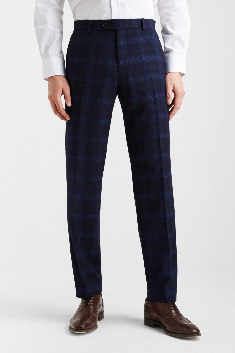 Moss Esq. Regular Fit Navy Shadow Check Pant 