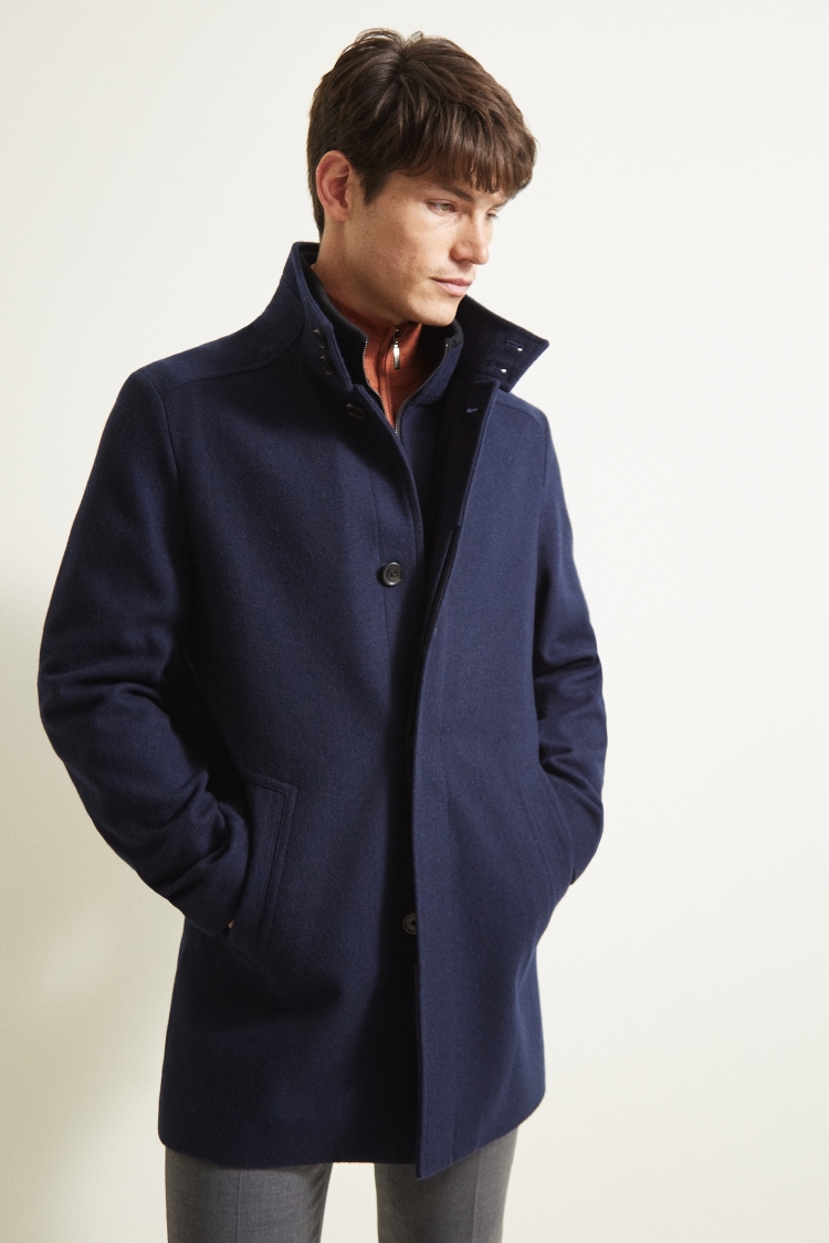 Moss 1851 Tailored Fit Navy Wool Funnel Coat