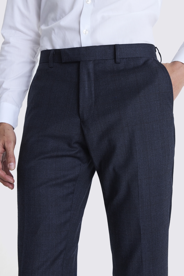 Tailored Fit Navy Check Performance Trousers