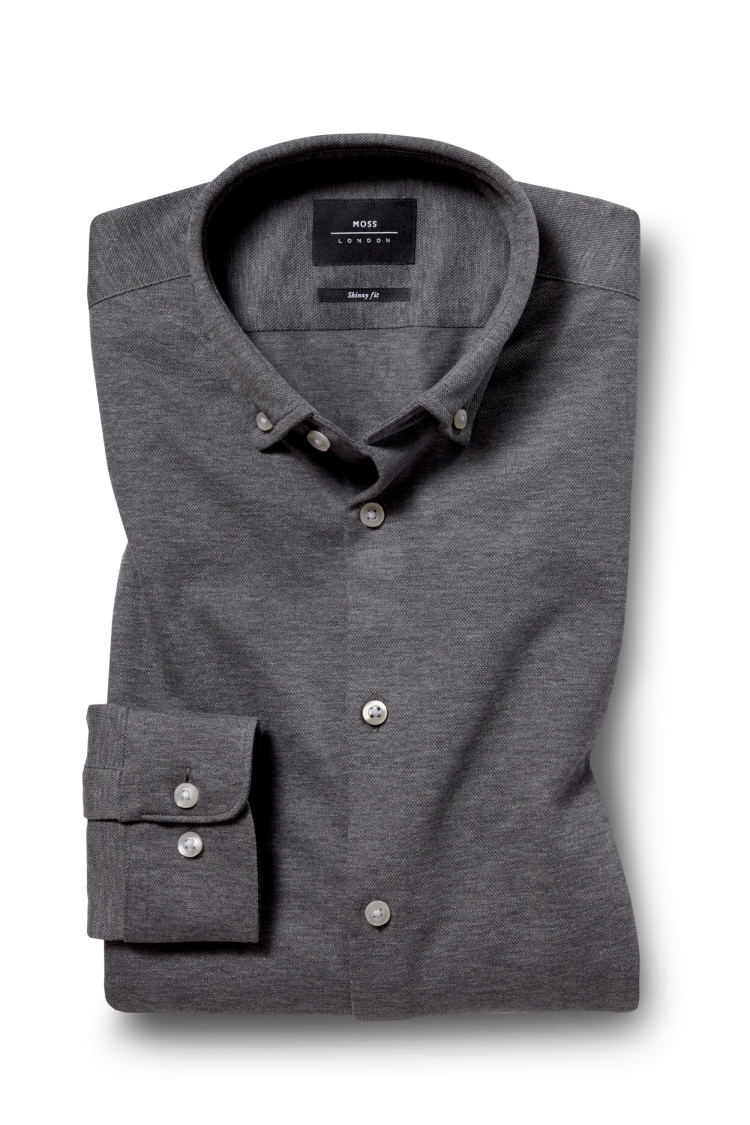 Skinny Fit Charcoal Single Cuff Knitted Pique Button Down Shirt