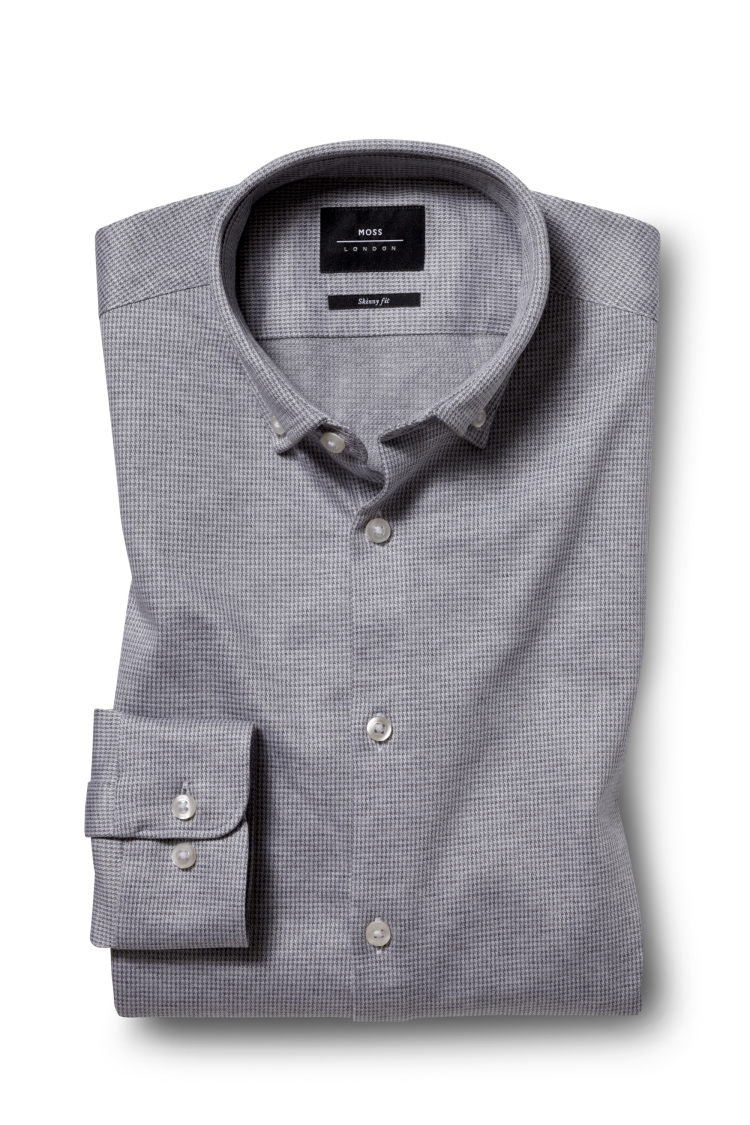 Skinny Fit Grey Single Cuff Knitted Pique Button Down Shirt