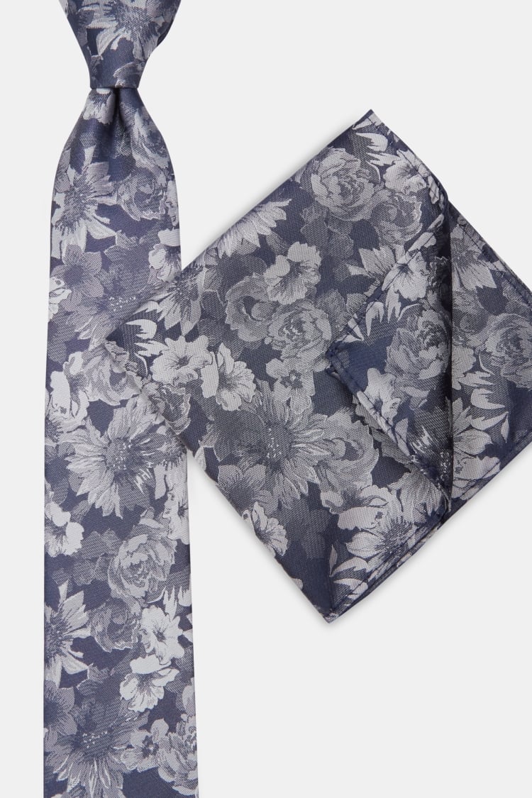 Navy & Silver Tonal Flower Tie & Pocket Square Set