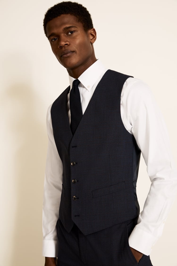 Tailored Fit Navy Red Check Waistcoat | Buy Online at Moss