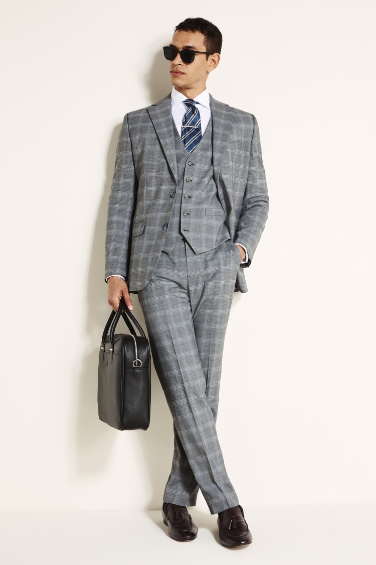 Tailored Fit Grey Blue Check Jacket