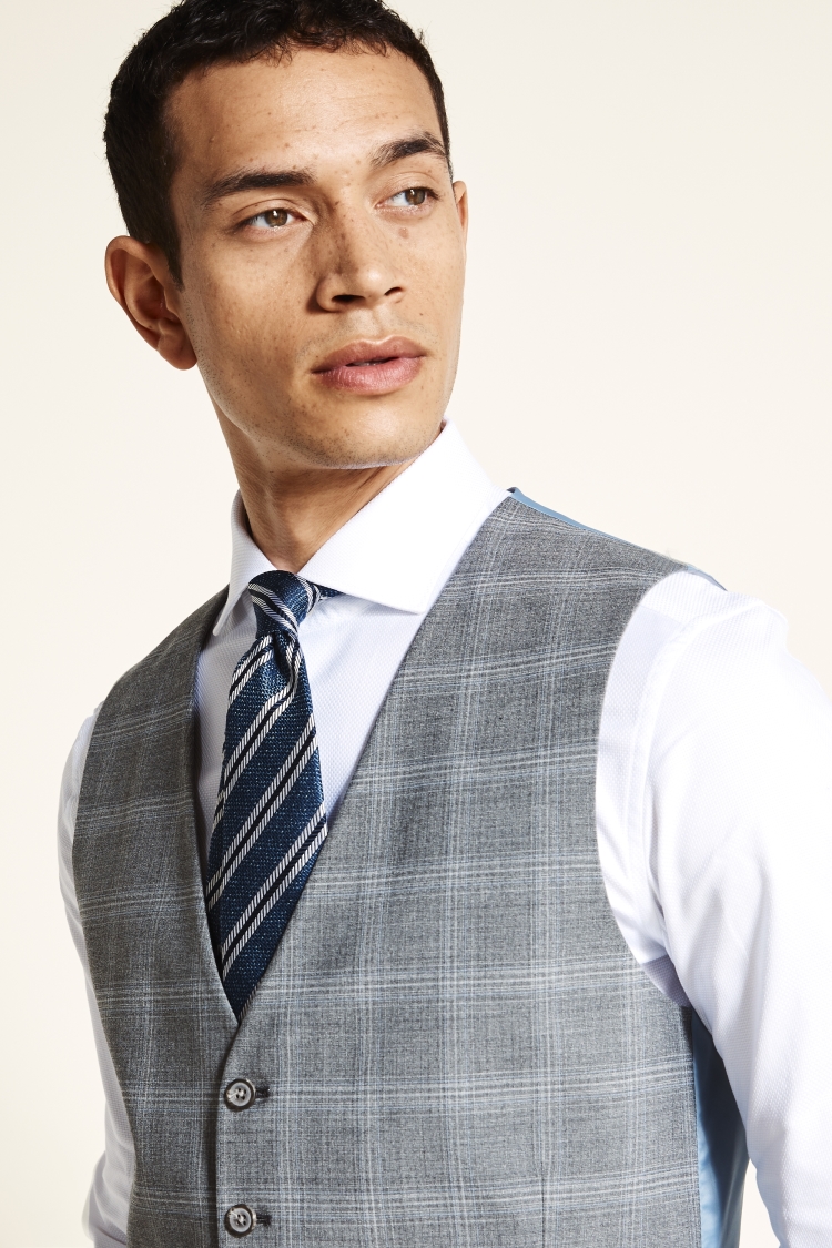 Tailored Fit Grey Blue Check Waistcoat