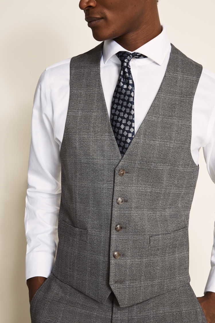 Regular Fit Grey Windowpane Waistcoat