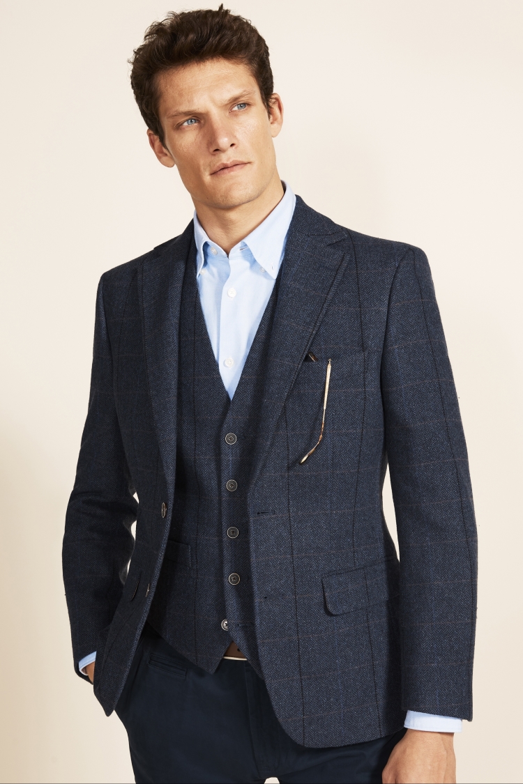 Tailored Fit Blue Herringbone Check Jacket