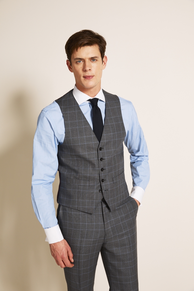 Regular Fit Grey Blue Check Suit