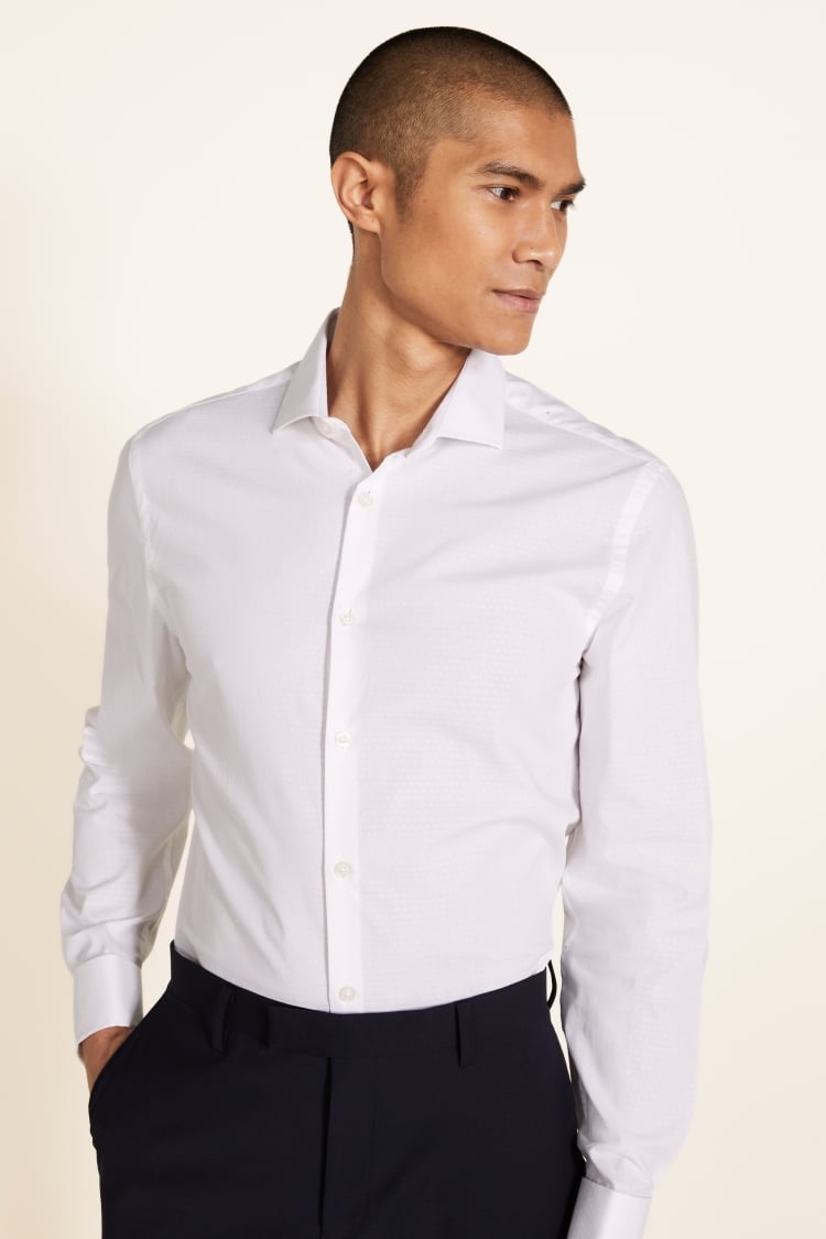 Slim Fit White Dobby Double Cuff Stretch Shirt