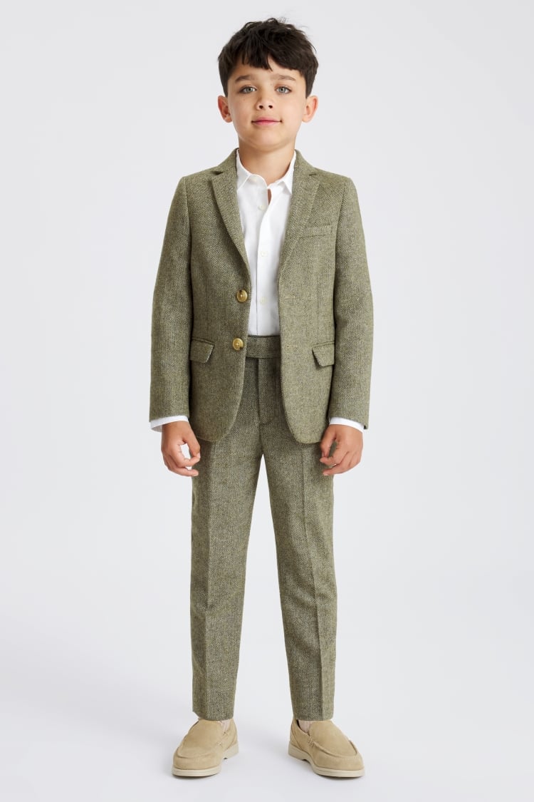 Boys Sage Herringbone Tweed Suit