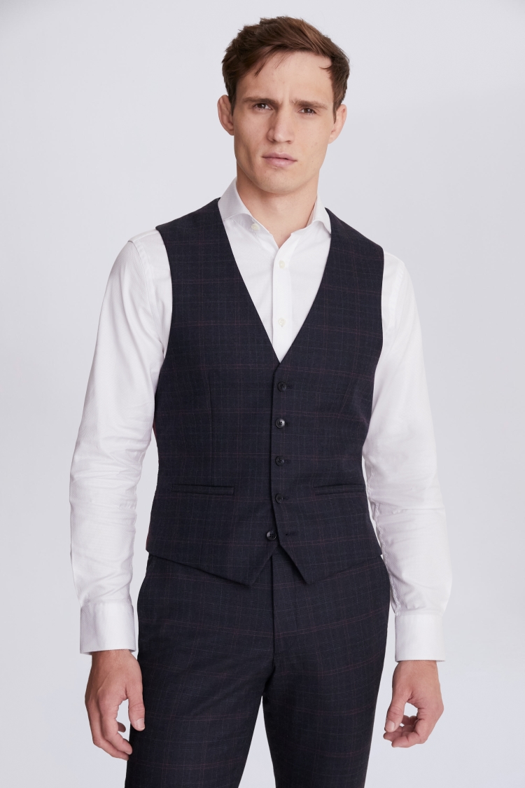 Slim Fit Navy Pink Check Vest