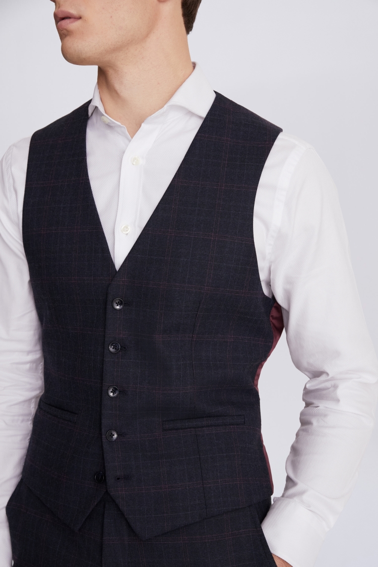 Slim Fit Navy Pink Check Waistcoat