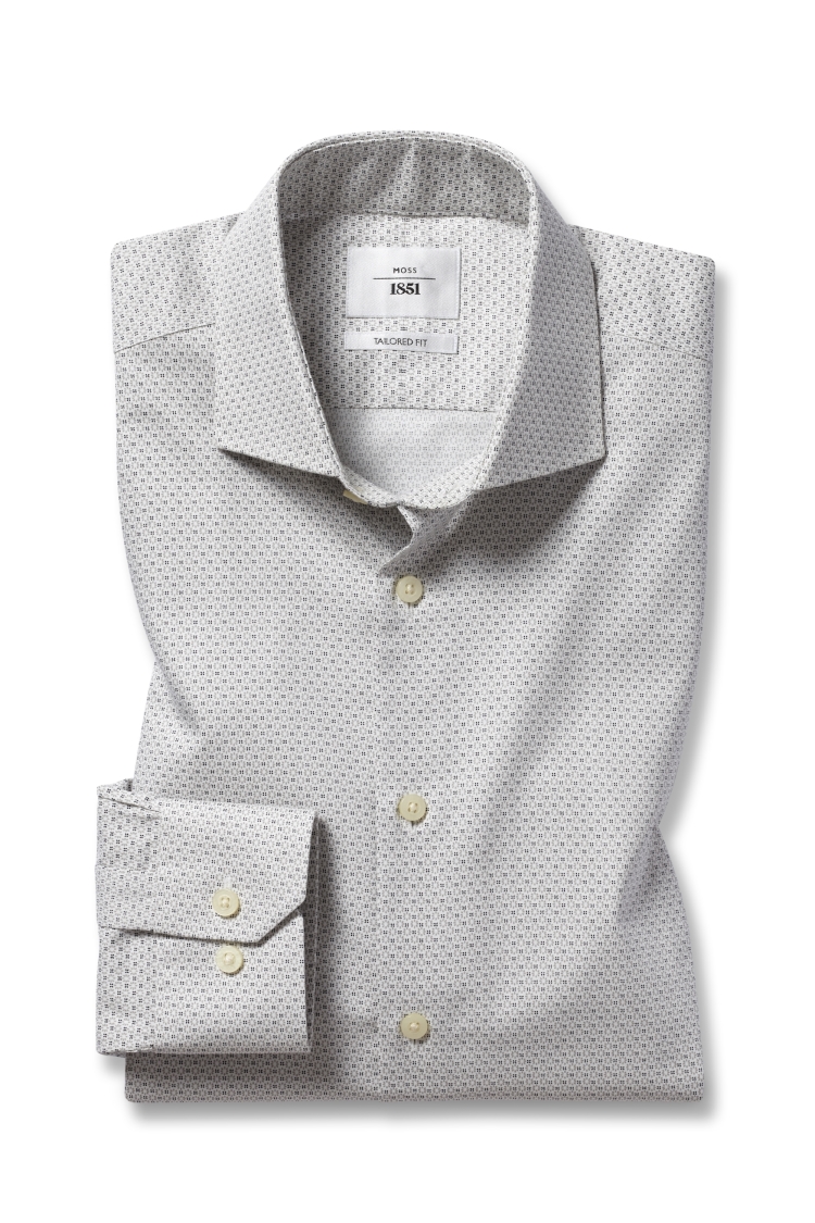 Tailored Fit Grey Single Cuff Printed Zero Iron Shirt