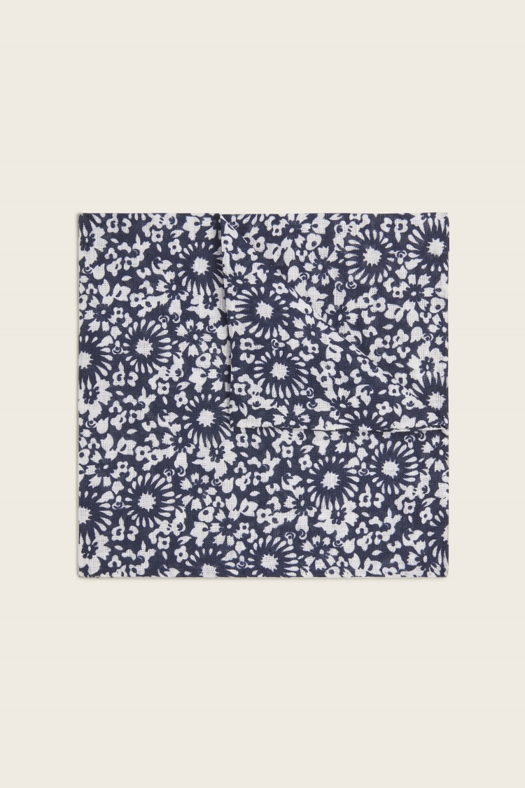 Navy & White Floral Print Pocket Square