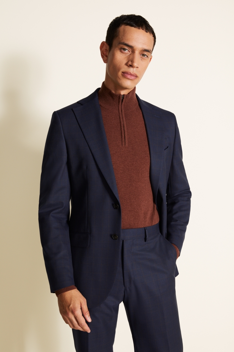 Regular Fit Navy Burgundy check Suit