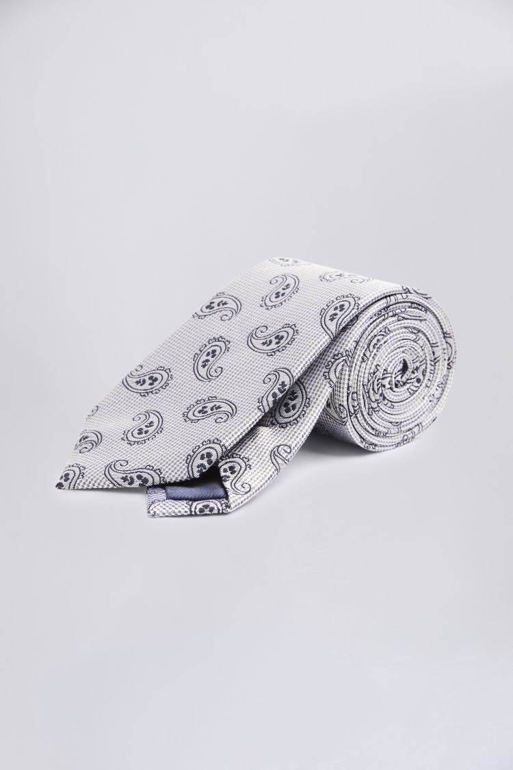 Silver Tonal Paisley Silk Tie