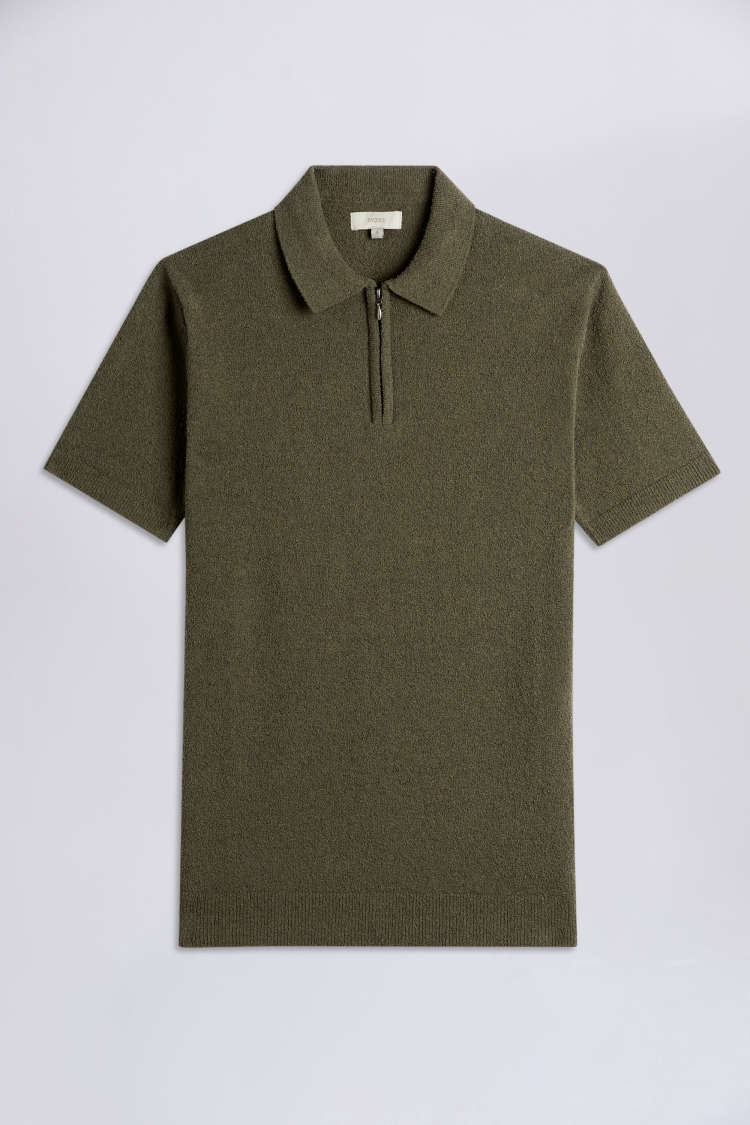 Olive Bouclé Zip-Neck Polo | Buy Online at Moss