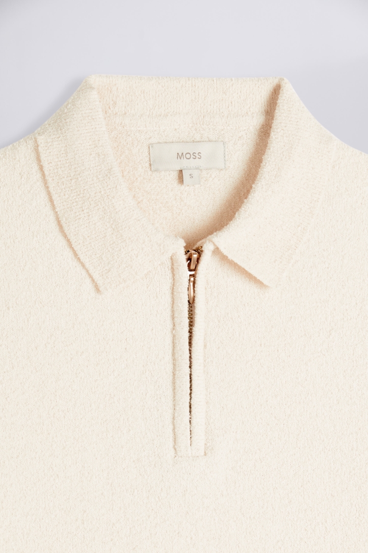 Ecru Bouclé Zip-Neck Polo Shirt